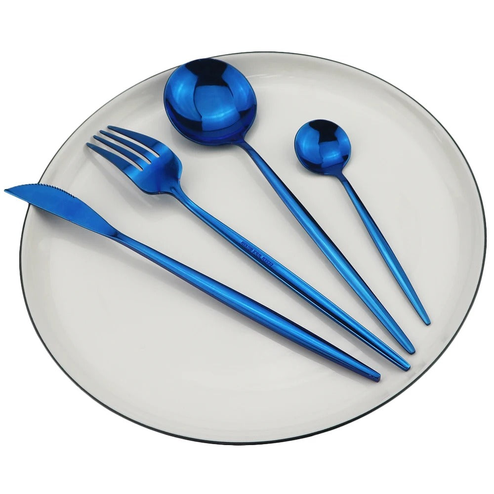 4pcs/set Blue Dinnerware Set Stainless Steel Gold Cutlery Dinner Set