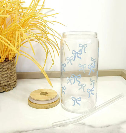 Cute Bow Glass Cup Tumbler With Lids Straw