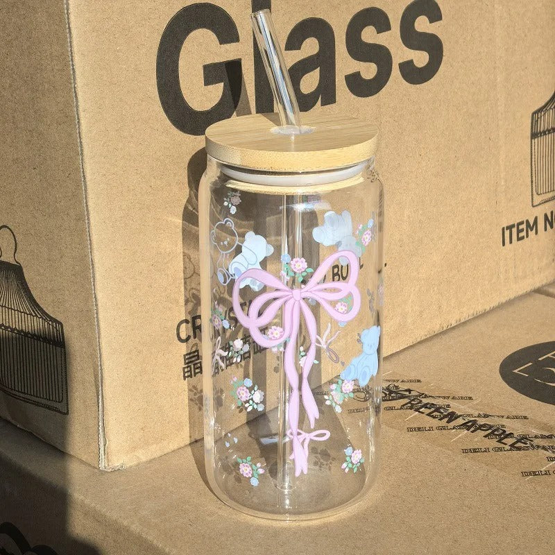Cute Bow Glass Cup Tumbler With Lids Straw