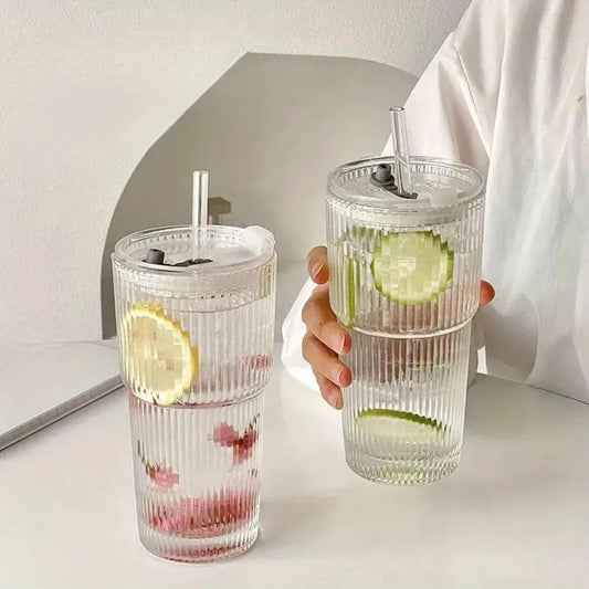 Stripe Glass Cup with Lid and Straw
