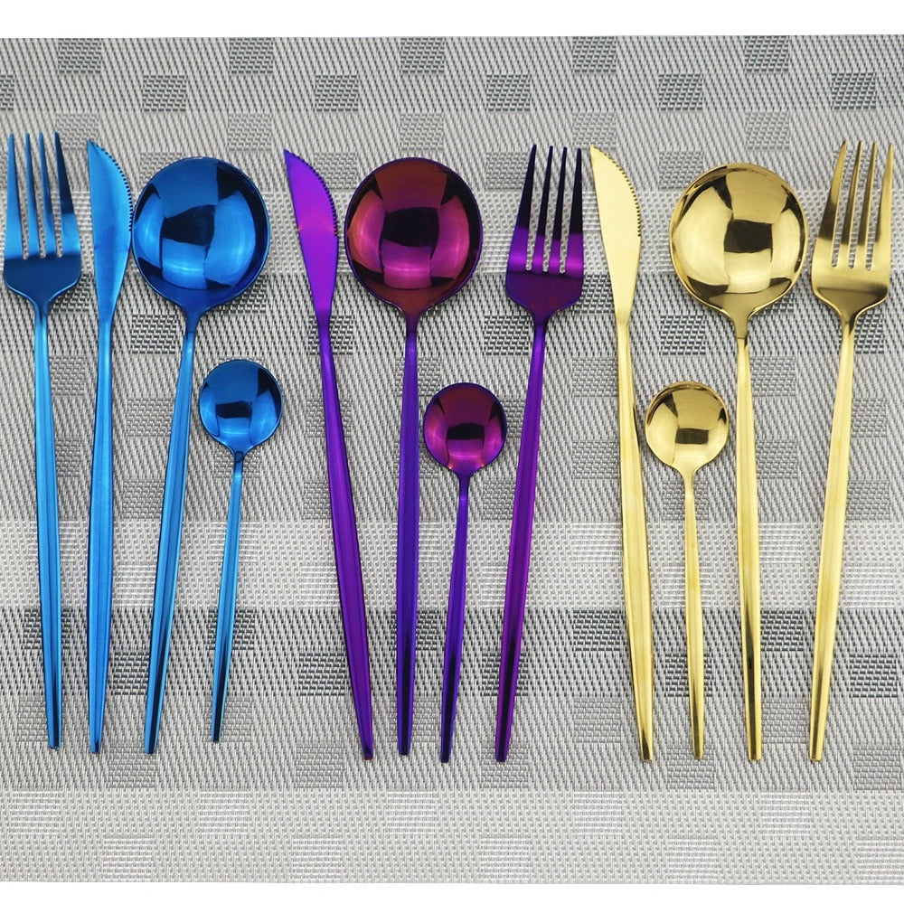 4pcs/set Blue Dinnerware Set Stainless Steel Gold Cutlery Dinner Set