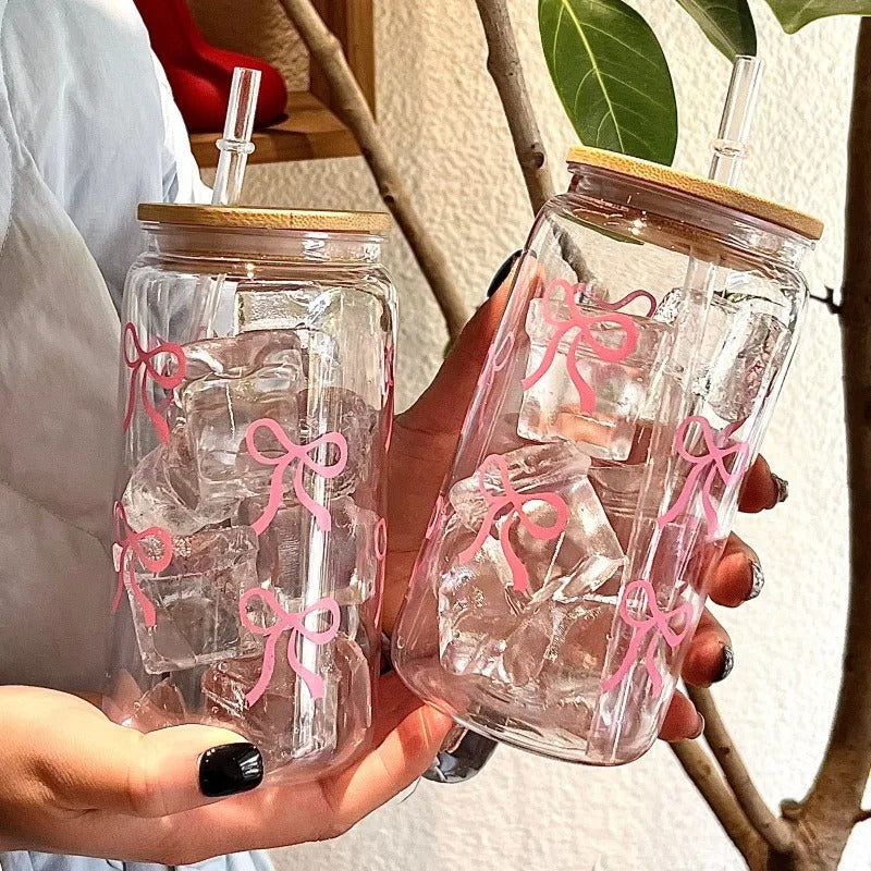 Cute Bow Glass Cup Tumbler With Lids Straw