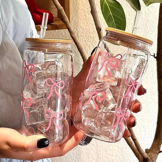 Cute Bow Glass Cup Tumbler With Lids Straw