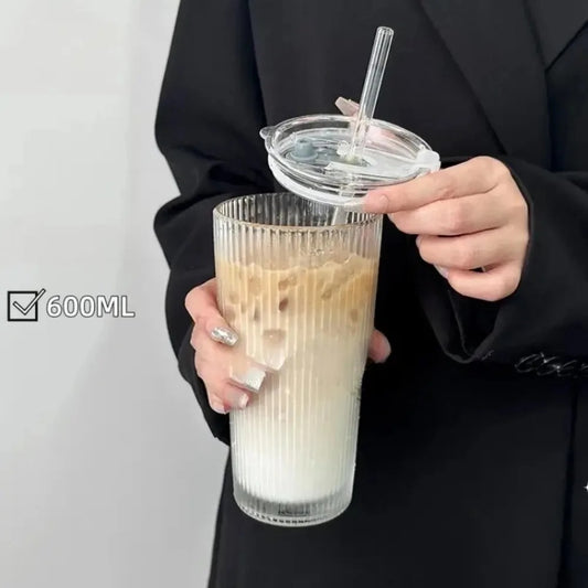 Stripe Glass Cup with Lid and Straw