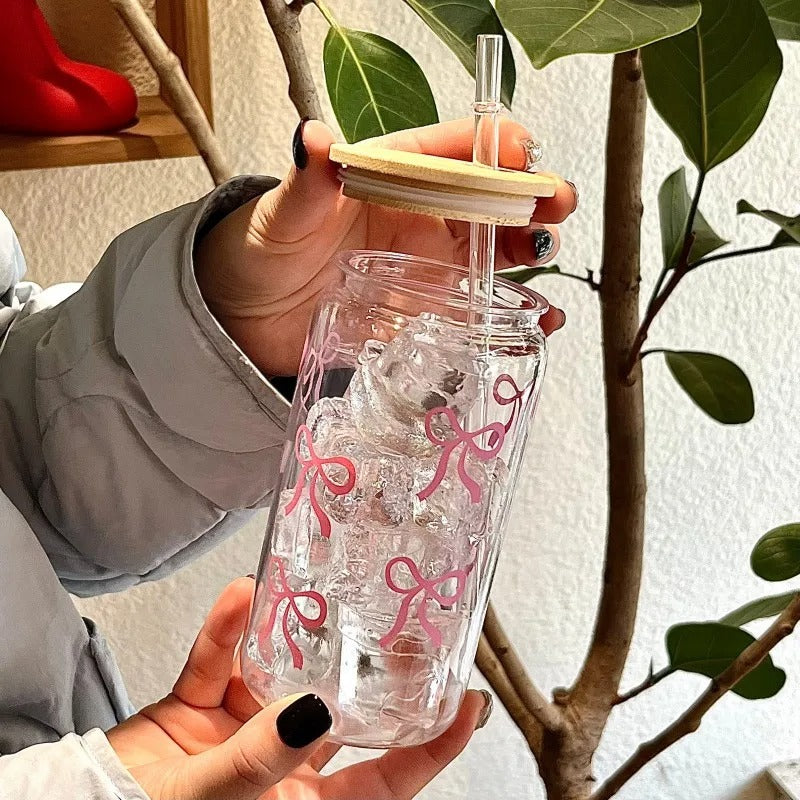 Cute Bow Glass Cup Tumbler With Lids Straw
