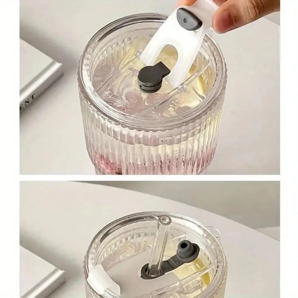 Stripe Glass Cup with Lid and Straw