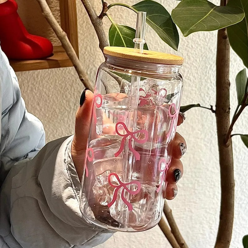 Cute Bow Glass Cup Tumbler With Lids Straw