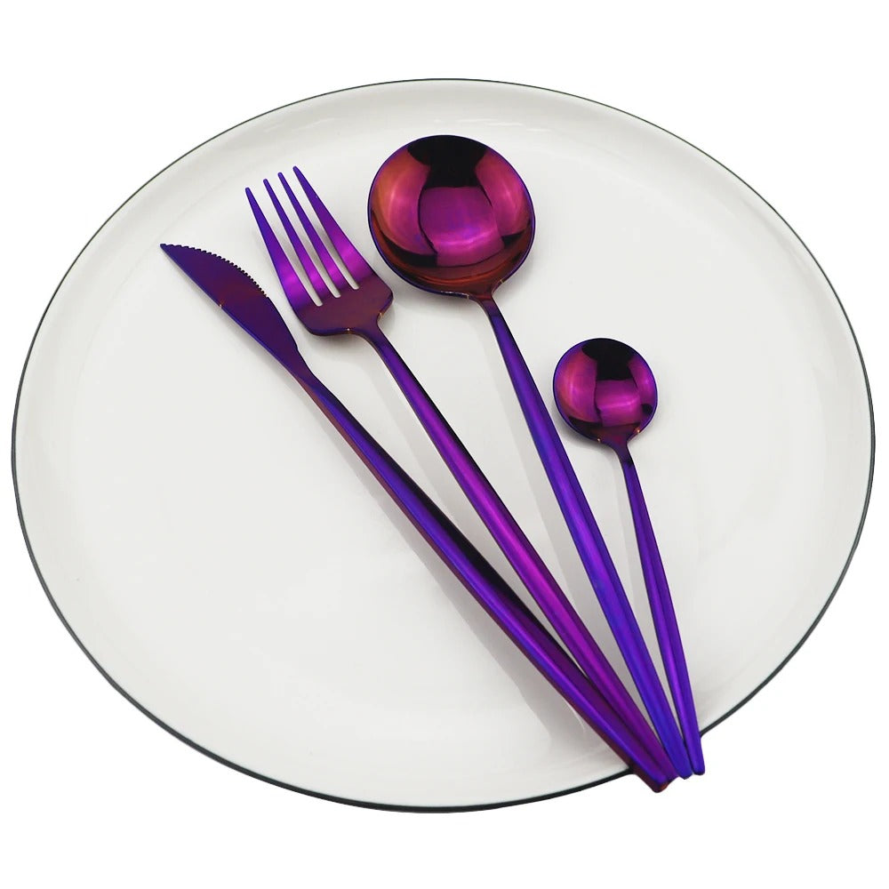 4pcs/set Blue Dinnerware Set Stainless Steel Gold Cutlery Dinner Set