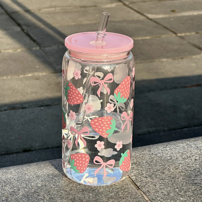 Cute Bow Glass Cup Tumbler With Lids Straw