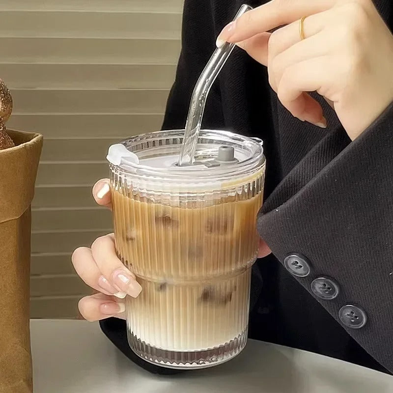 Stripe Glass Cup with Lid and Straw