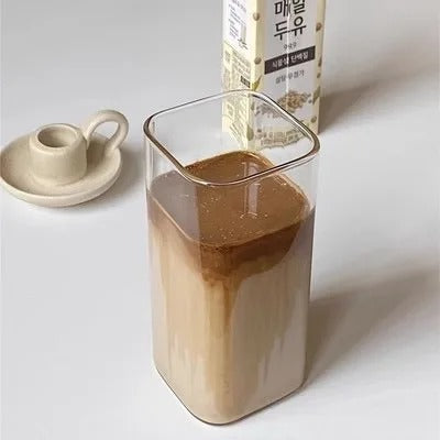 Square Heat Resistant Coffee Glass Cup With Lid and Straw