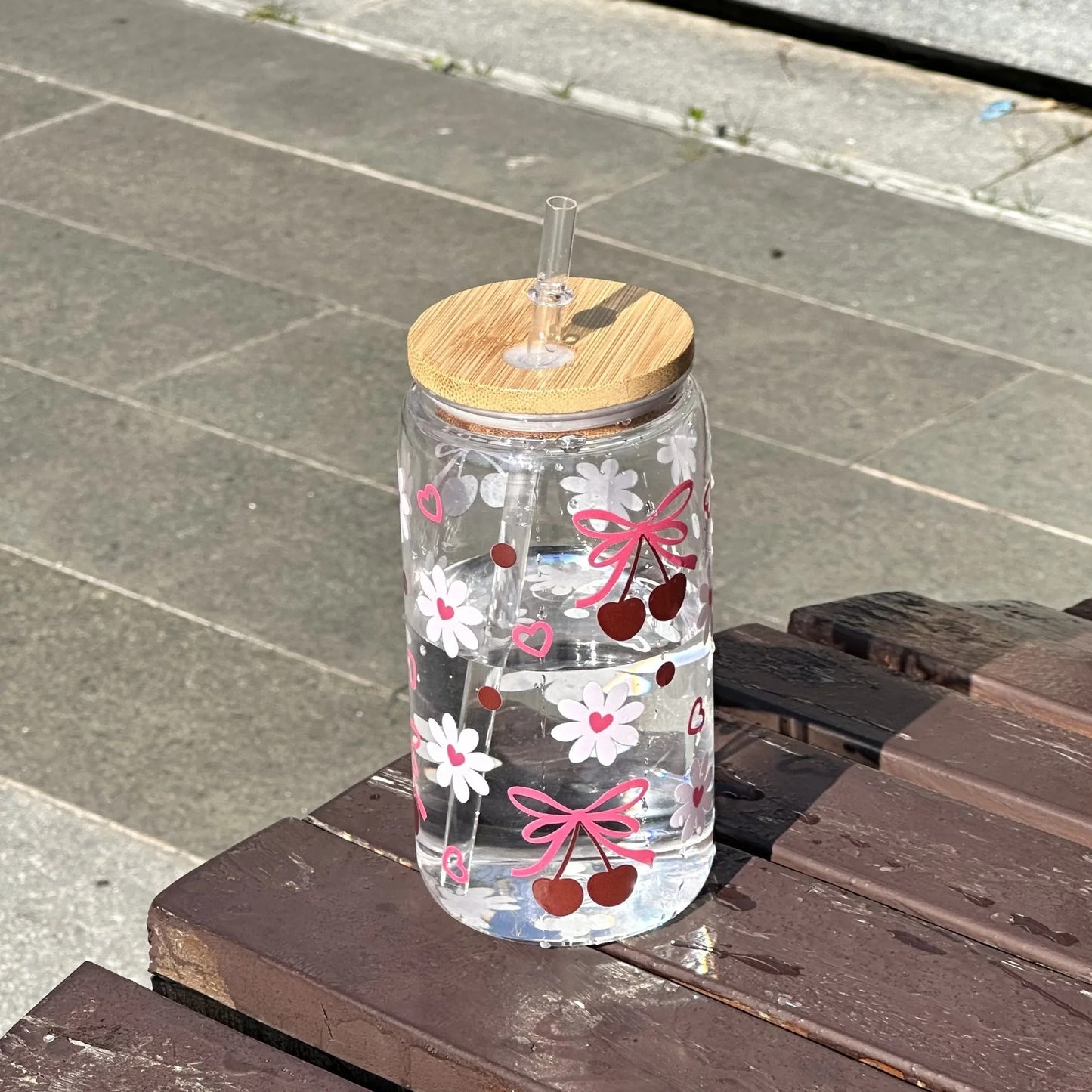 Cute Bow Glass Cup Tumbler With Lids Straw
