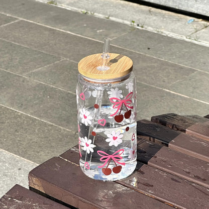 Cute Bow Glass Cup Tumbler With Lids Straw